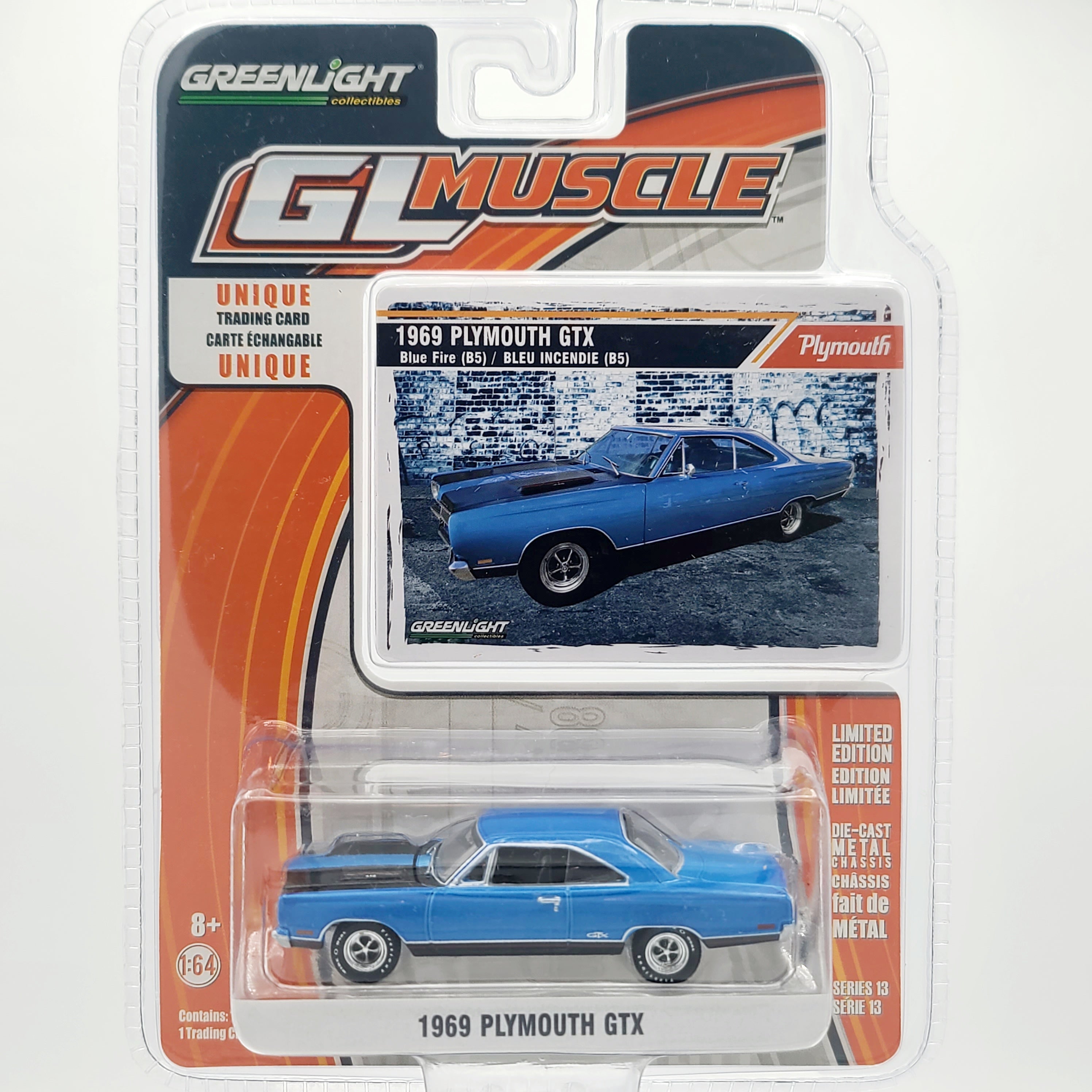 GreenLight '69 Plymouth GTX w/ Trading Card - 1:64, Blue Fire (2015 GL Muscle Series 13)